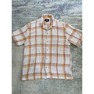 Malibu Beach Club by Drill Clothing Sz Large Orange White Beach Plaid Button Up
